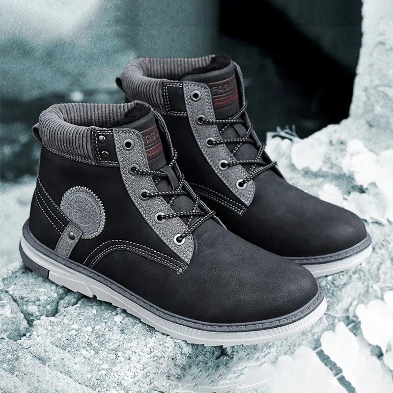 

Модные мужские Ботинки Martin из искусственной кожи, мужские зимние ботинки, Теплая мужская зимняя обувь с коротким плюшем, износостойкие улич...