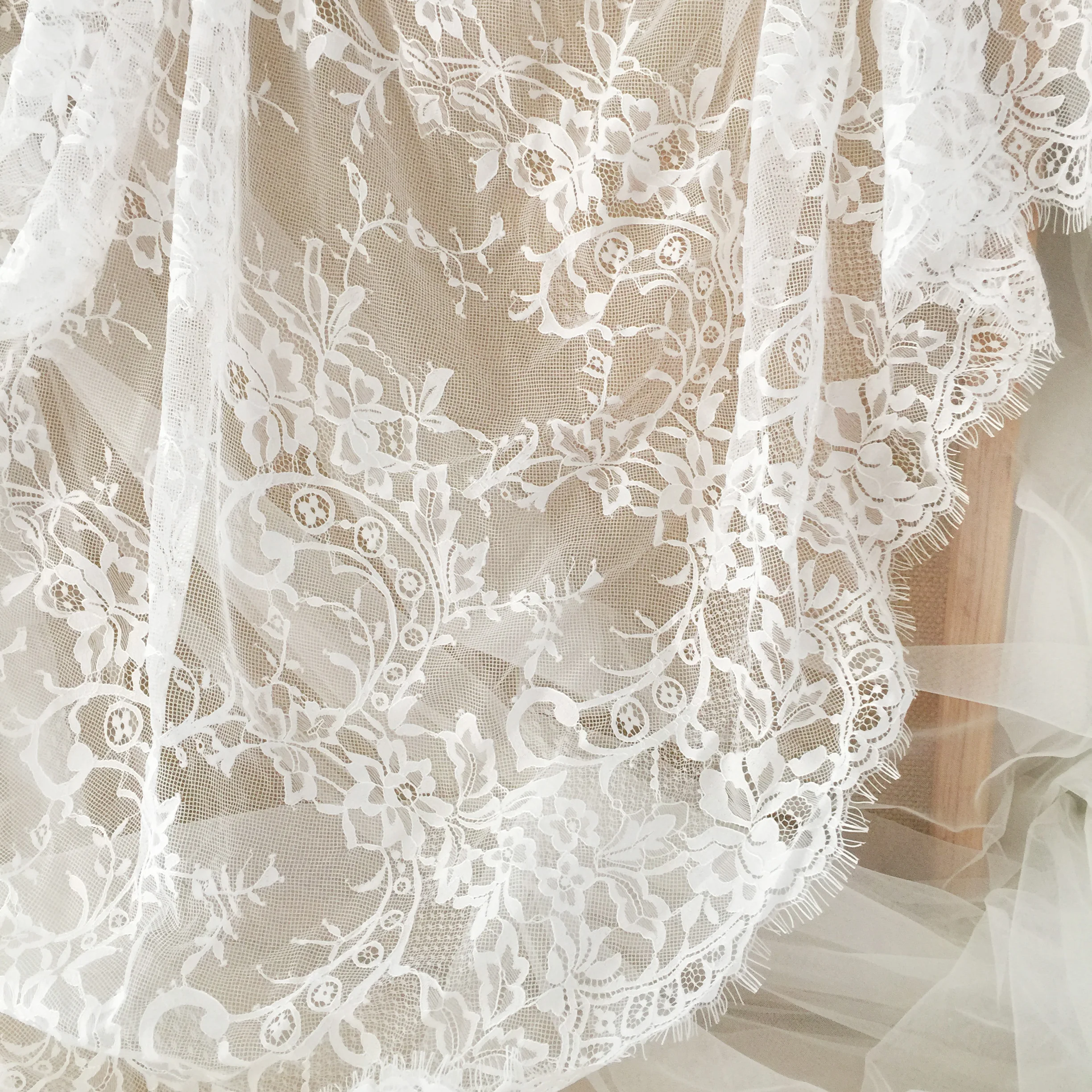 

3 METER Top Quality Ivory Bridal Chantilly Lace Fabric, Eyelash Veil Wedding Gown Bodice Fabric, Soft Overlay