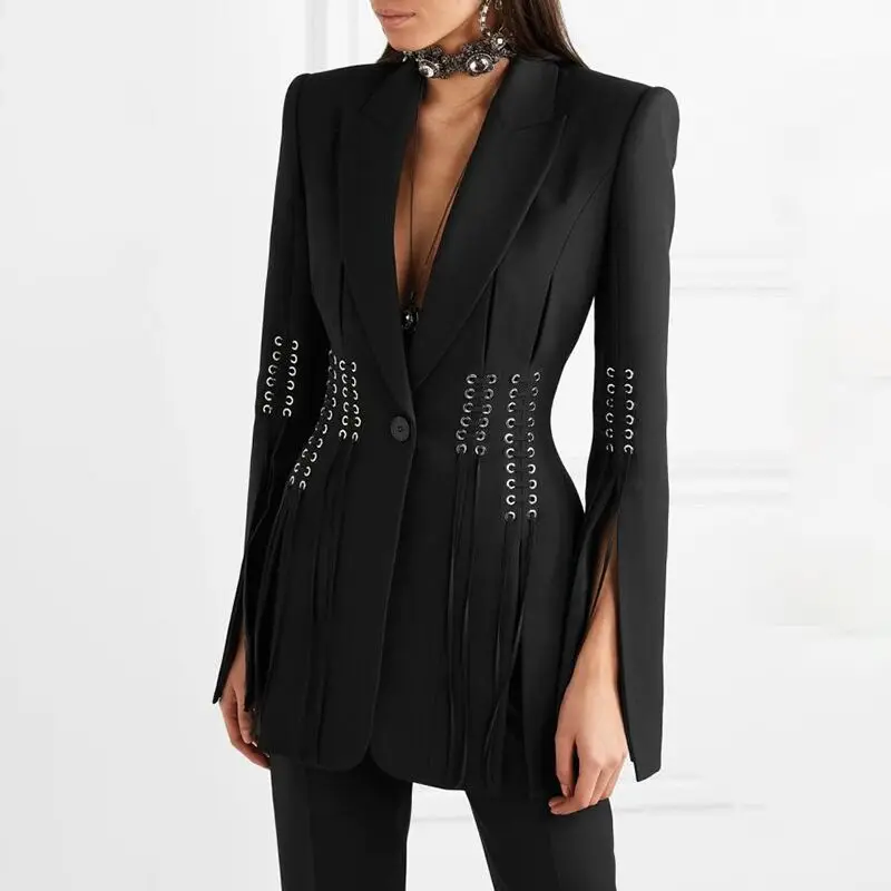 HIGH QUALITY Newest 2022 Designer Coat Women's Single Button Lacing Up Rope Split Blazer Jacket