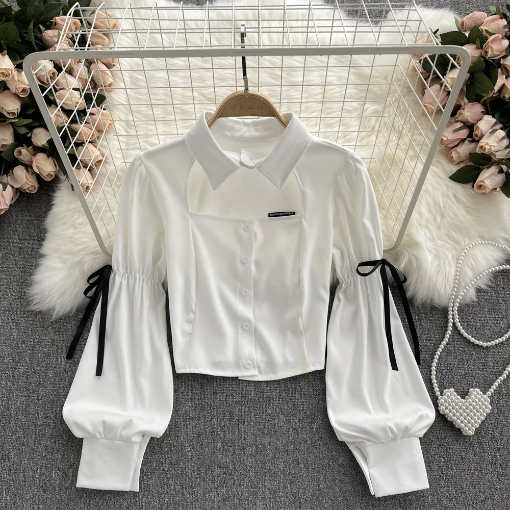 

C672 Women New Fashion Autumn Short Tops Mujer Spirit Hollow Slim Long Sleeve Shirt Single Breasted Solid Color Blouse