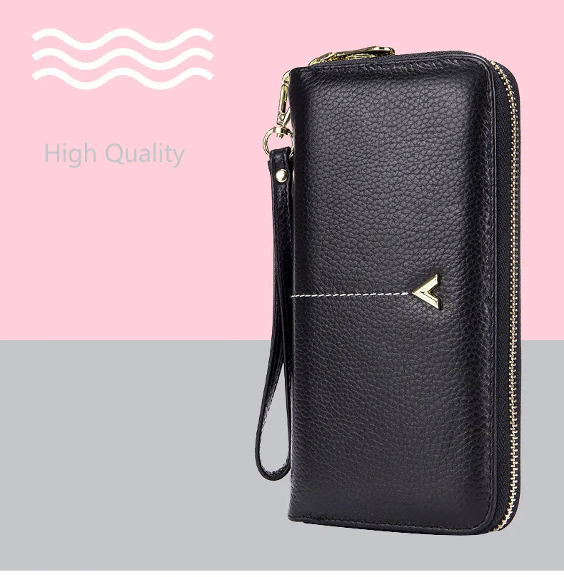 Women clutch bag leather wallet female long zipper clutch bag top layer cowhide portable large capacity paper clip new
