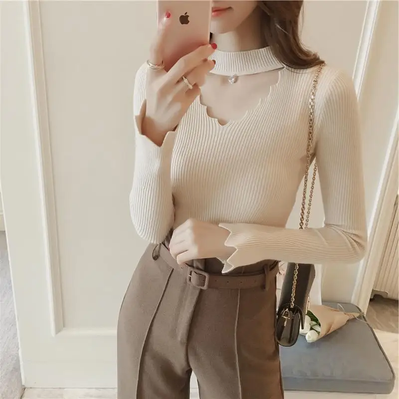 Women's Large Size Knit Sweater 4XL Autumn Winter Women Bottoming Long Sleeve Solid Turtleneck Hollow Out Pullovers Tops | Женская
