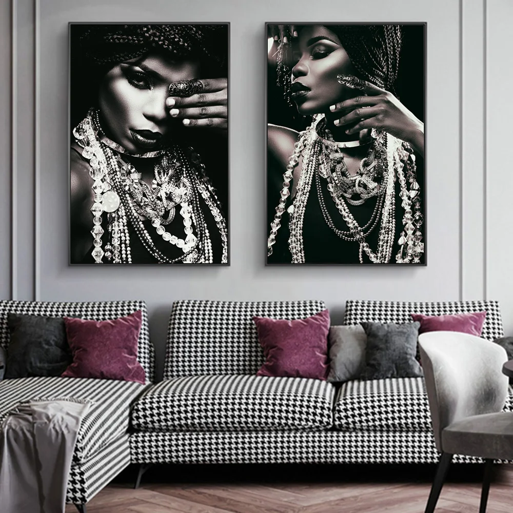 

Portrait of African With Jewellery Wall Art Posters And Prints Black Woman Art Canvas Paintings Silver Body Art Pictures Cuadros