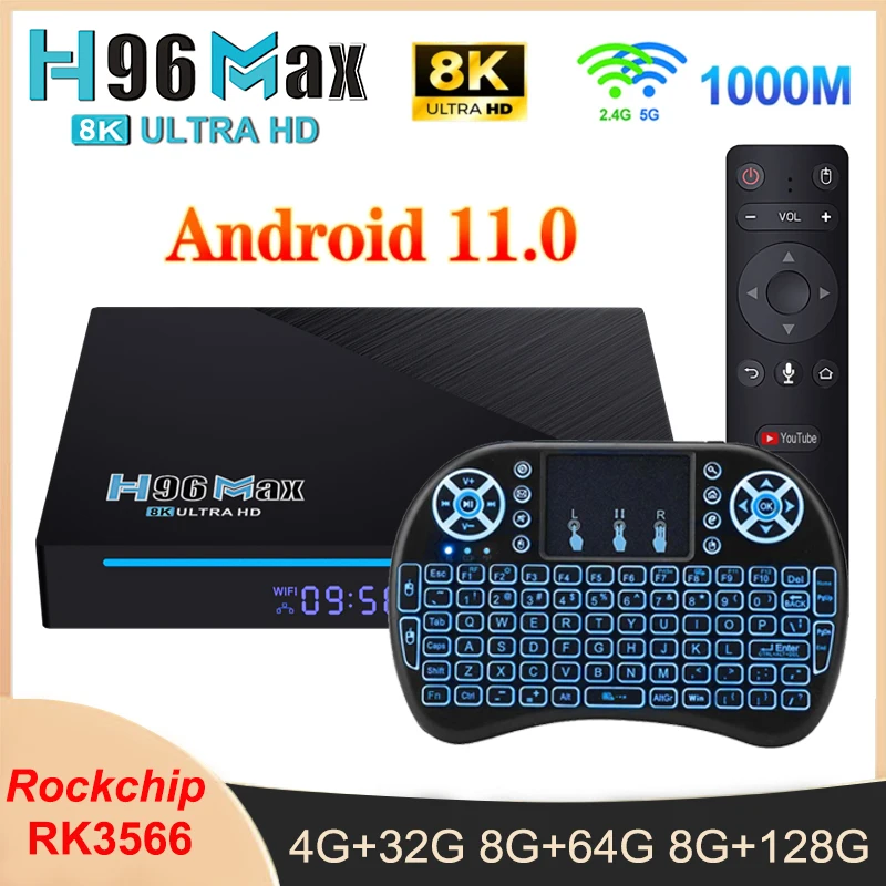 

ТВ-приставка H96 max RK3566, Android 11,0, четырехъядерная, DDR4, 2,4g-5g, Wi-Fi, 8G, 128G, 8K, Android