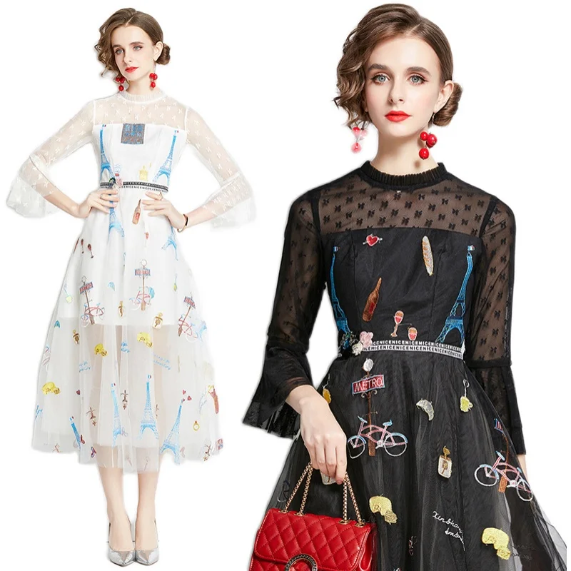 

Fashion Designer 2021 Summer Cartoon Embroidered Mesh A-line Elegant Party Dress Women Flare Sleeve Beading Party Midi Dress