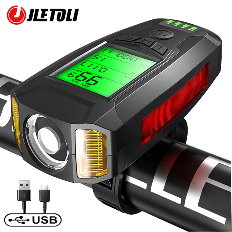 

JLETOLI Waterproof Bicycle Light Front USB Rechargeable Bike Light Smart Stopwatch Anti-theft Cycling Headlight with Horn