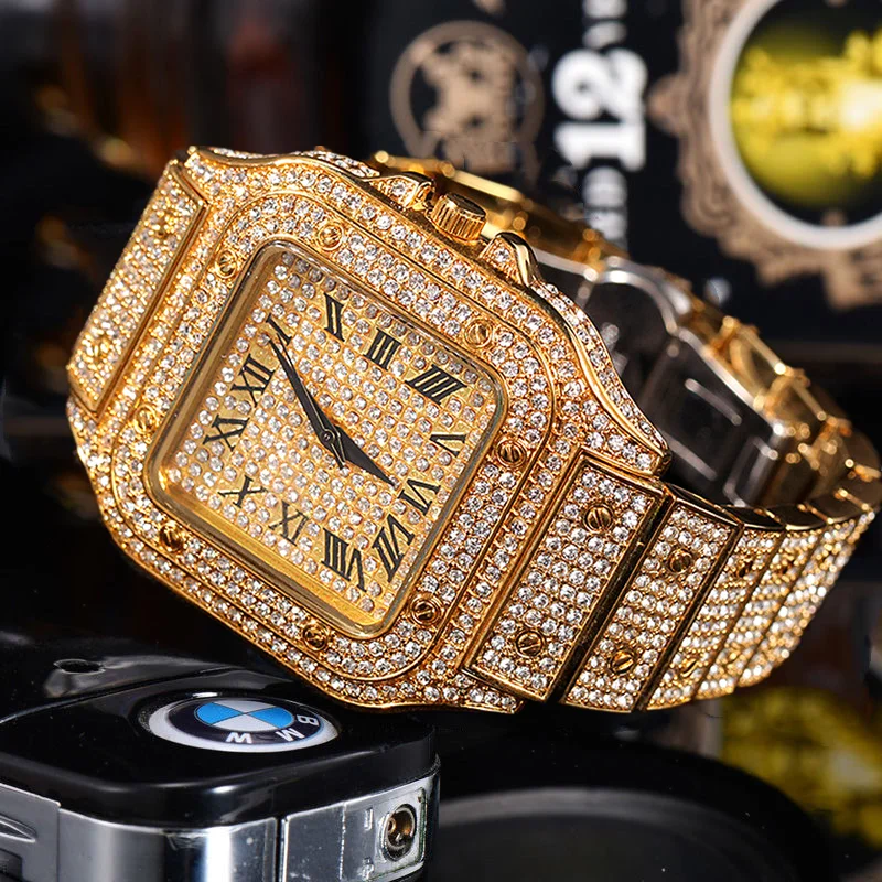 

Watches for Men Luxury Hiphop Full Iced Out Watches Sliver Gold Rhinestone Quartz Wristwatch Relogio Masculino Gifts Men Watch