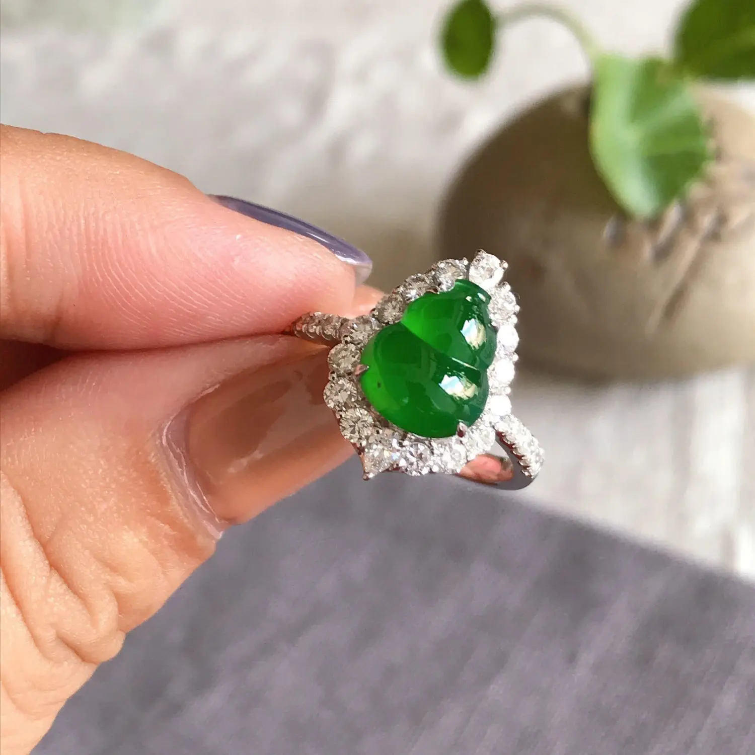 

Natural Hetian jasper gourd diamond opening adjustable ring Chinese retro sparkle luxury charm ladies silver jewelry