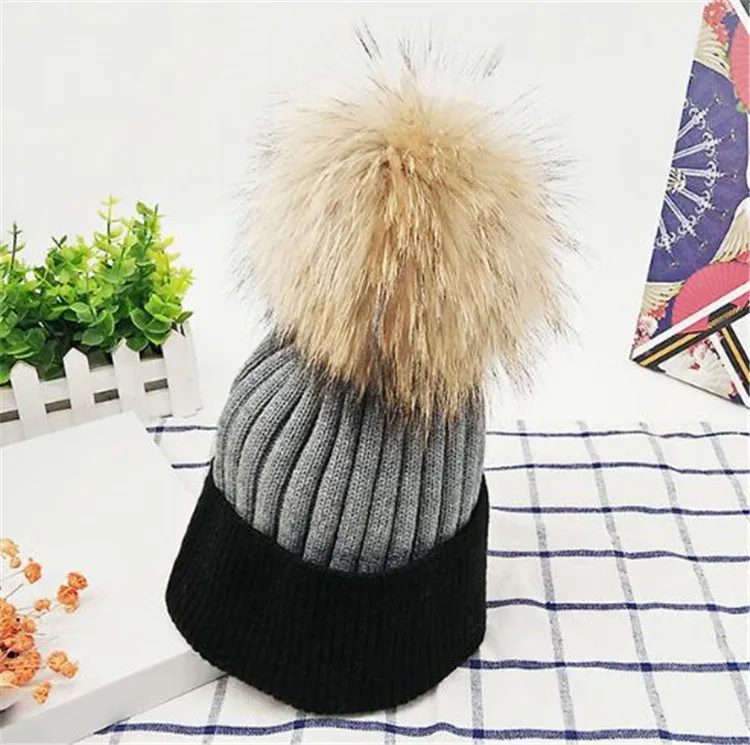 Женские вязаные шапочки со съемным меховым помпоном 15 см Skullies, зимние меховые шапки для девочек, женские шапочки из натурального меха - Цвет: gray