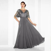 charming gray sequined boat neck half sleeve mother of the bride dresses chiffon back out wedding party gowns 2020 new