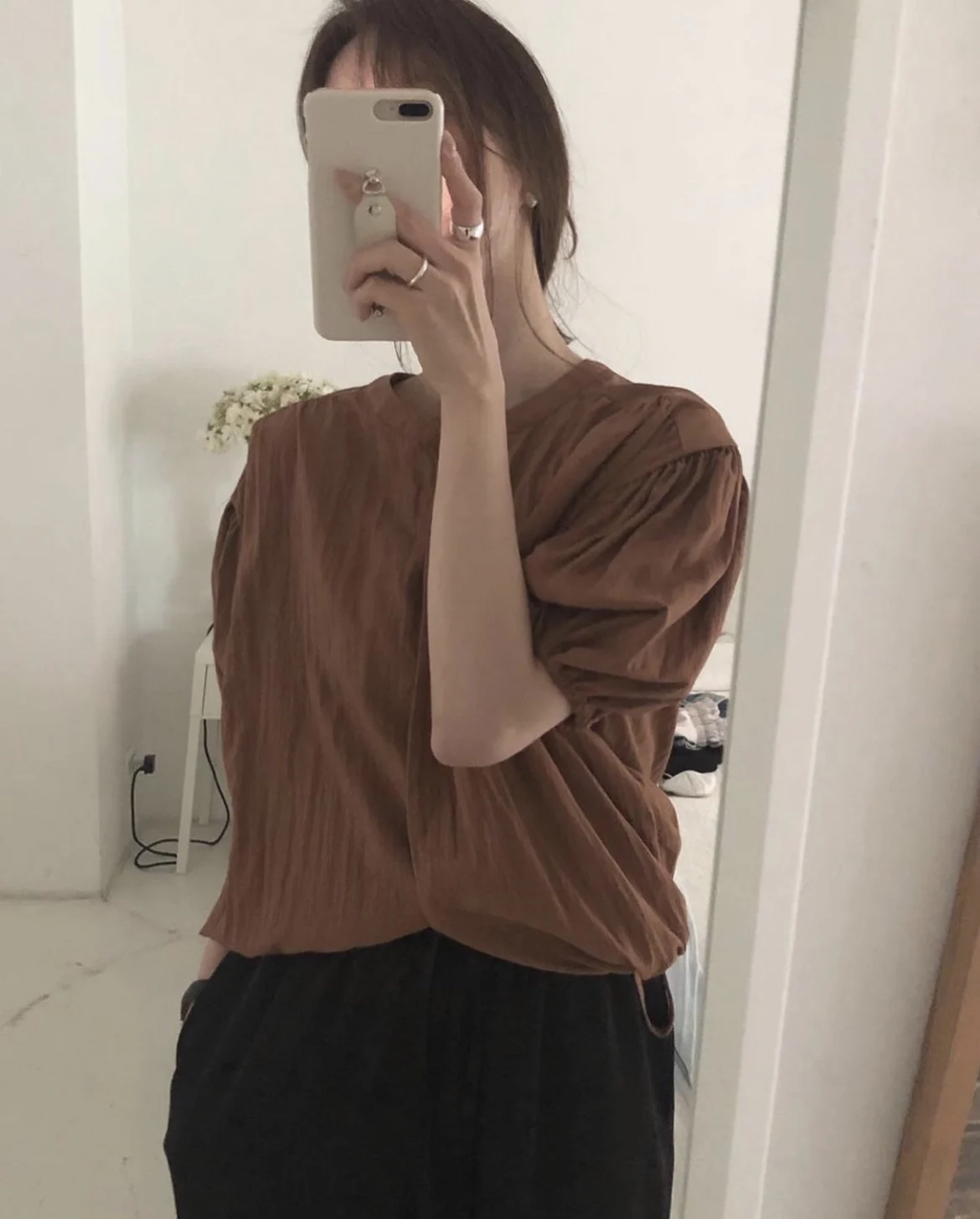 

Korejpaa Women Shirt 2021 Summer Korean Chic Temperament Single-Breasted Drawstring Tie Design Solid Color Puff Sleeve Blouses