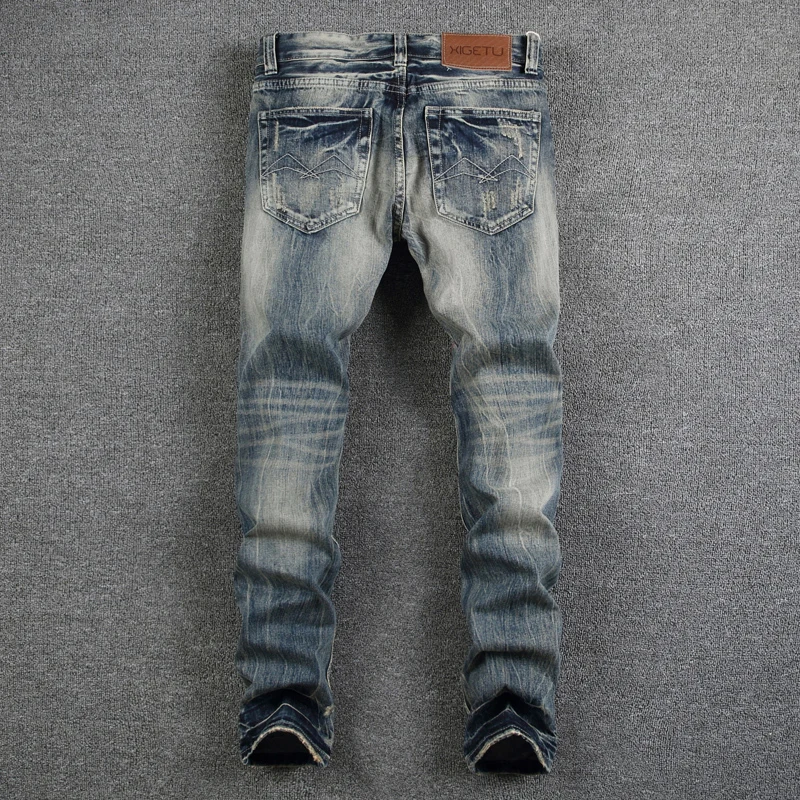 European Street Fashion Men Jeans High Quality Retro Destroyed Slim Fit Ripped Jeans Men Embroidery Designer Denim Punk Pants