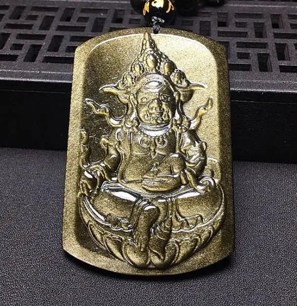 

Чудесный натуральный Золотой обсидиановый резной китайский Бог богатства Благословение Амулет кулон + черные бусины ожерелье модные подар...