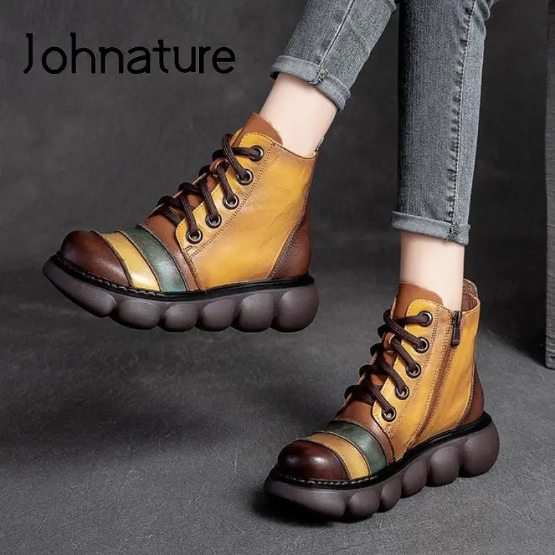 

Женские ботильоны из натуральной кожи Johnature, в стиле ретро с круглым носком, на молнии, ботинки ручной работы для отдыха, разные цвета, для ос...