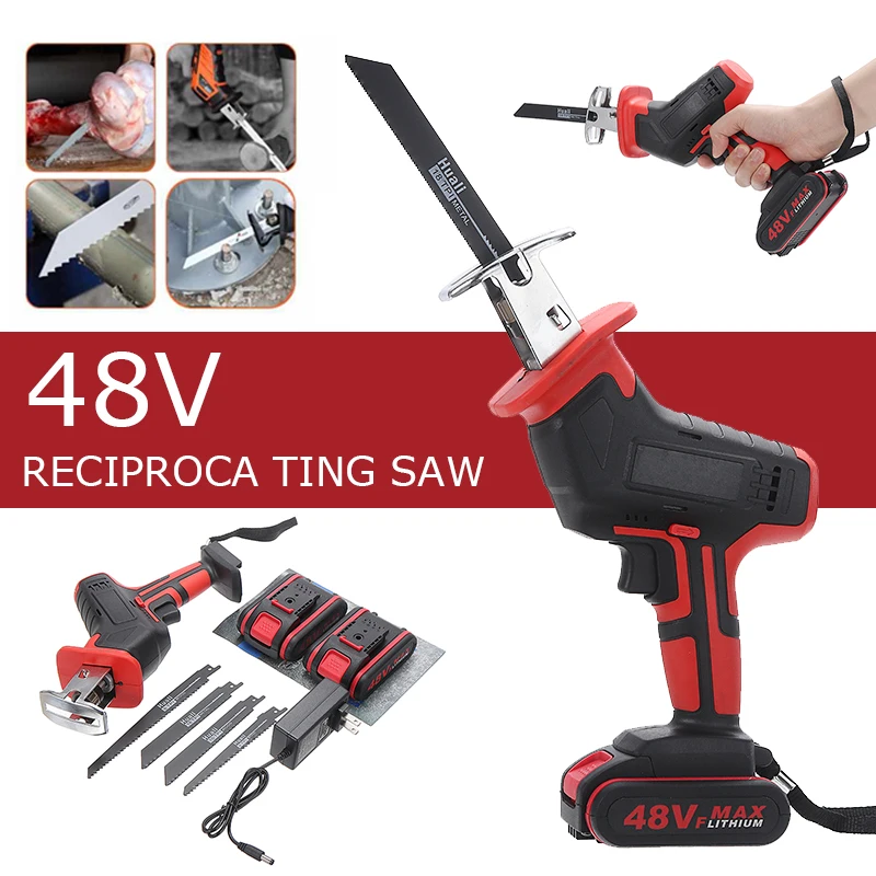 

48V Cordless Logging Chainsaw With 4 Saw Blades 2 Battery Electric Wood Metal Reciprocating Saws Power Cutting Tool