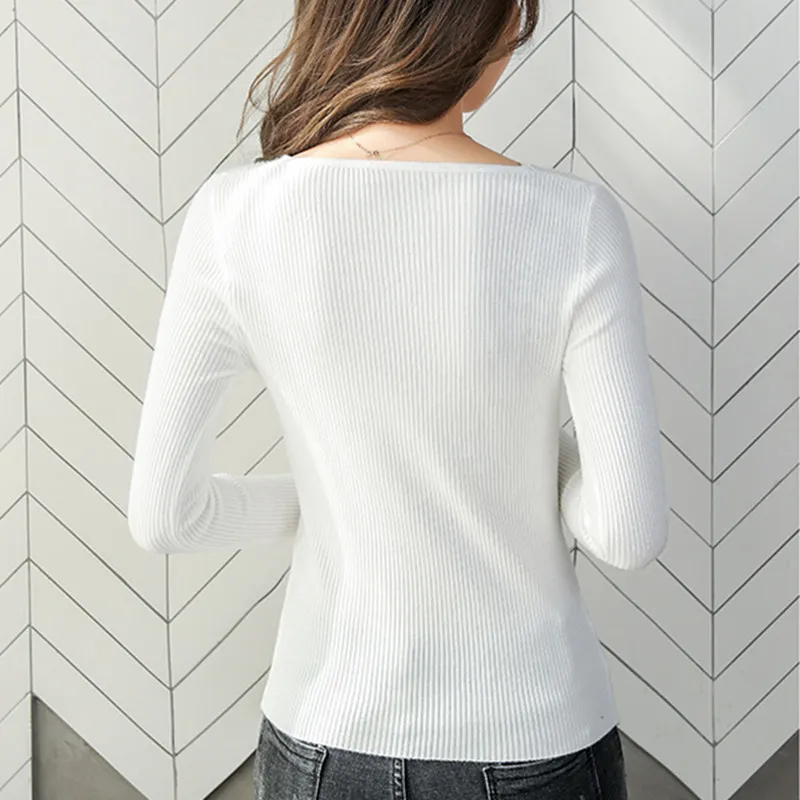 

Women Sweater Knitted Sweaters for Women V Neck White Sweaters for Women Casual Woman Long Sleeve Pullover Basic Sweater Woman