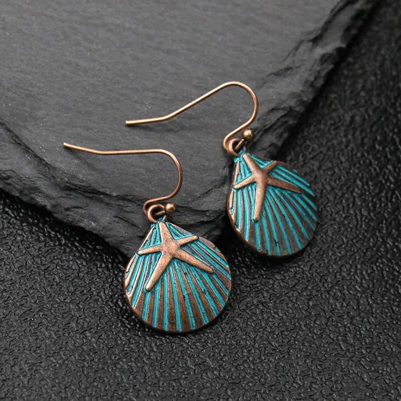 Ethnic Patina Green Sea Earring Cowrie Shell Scallop Sand Dollar Charm Dangle Drop Bohemia Beach Women Jewelry | Украшения и