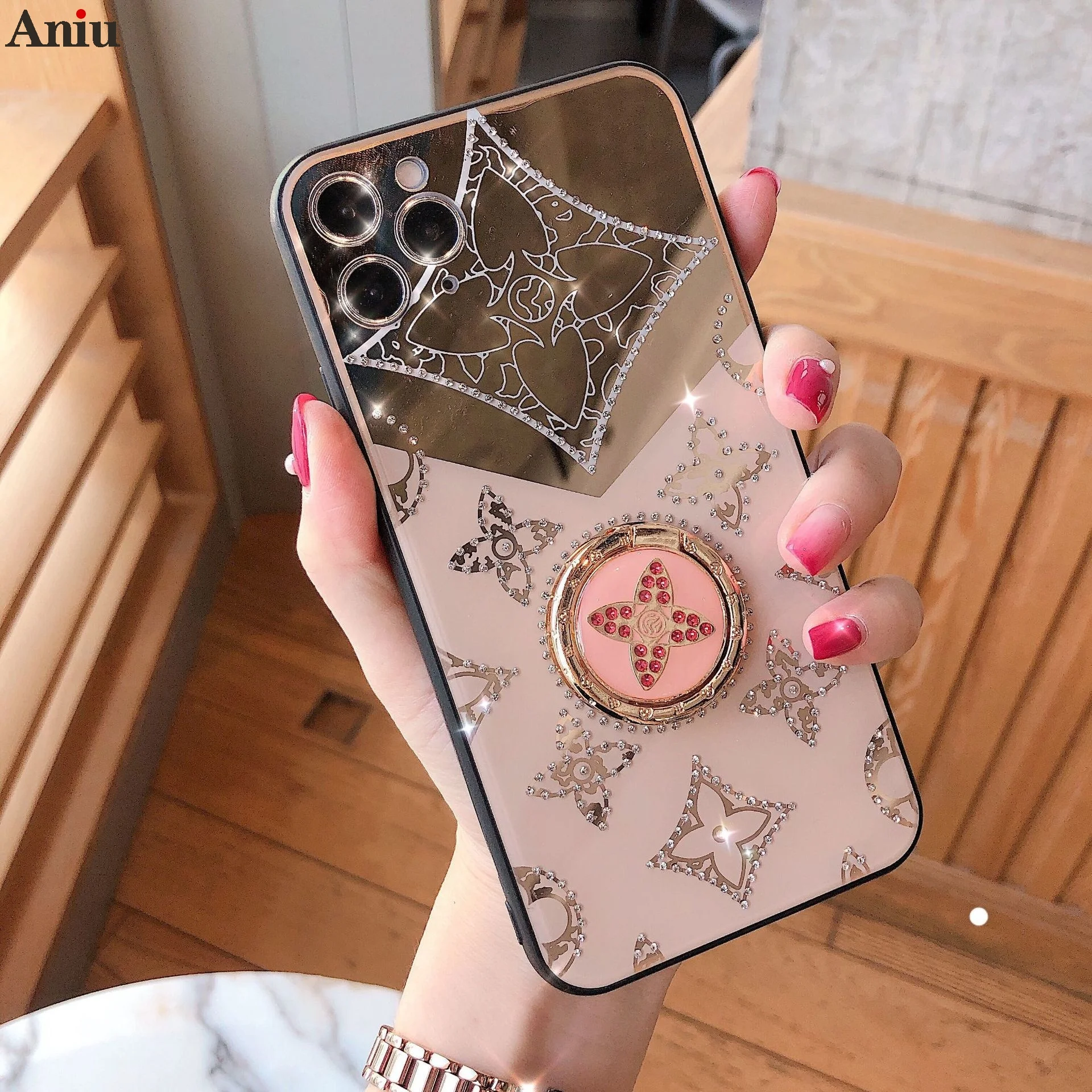 

Original Luxury Electroplate Mirror Diamond Case for Iphone 12 11 Pro Max X Xr Xsmax 8plus 7 6splus with Finger Ring Cover Case