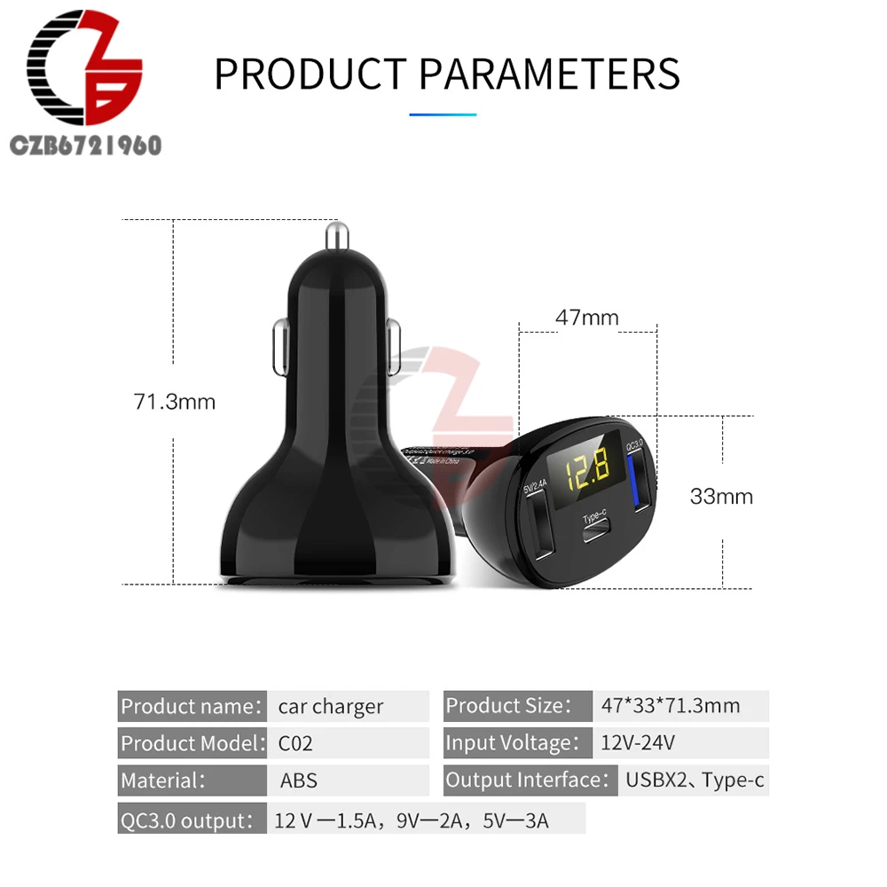 Type-C USB C QC3.0 QC2.0 быстрое автомобильное зарядное устройство вольтметр Индикатор емкости батареи 5 в 12 В 24 В 2.4A 32 Вт измеритель напряжения для телефона