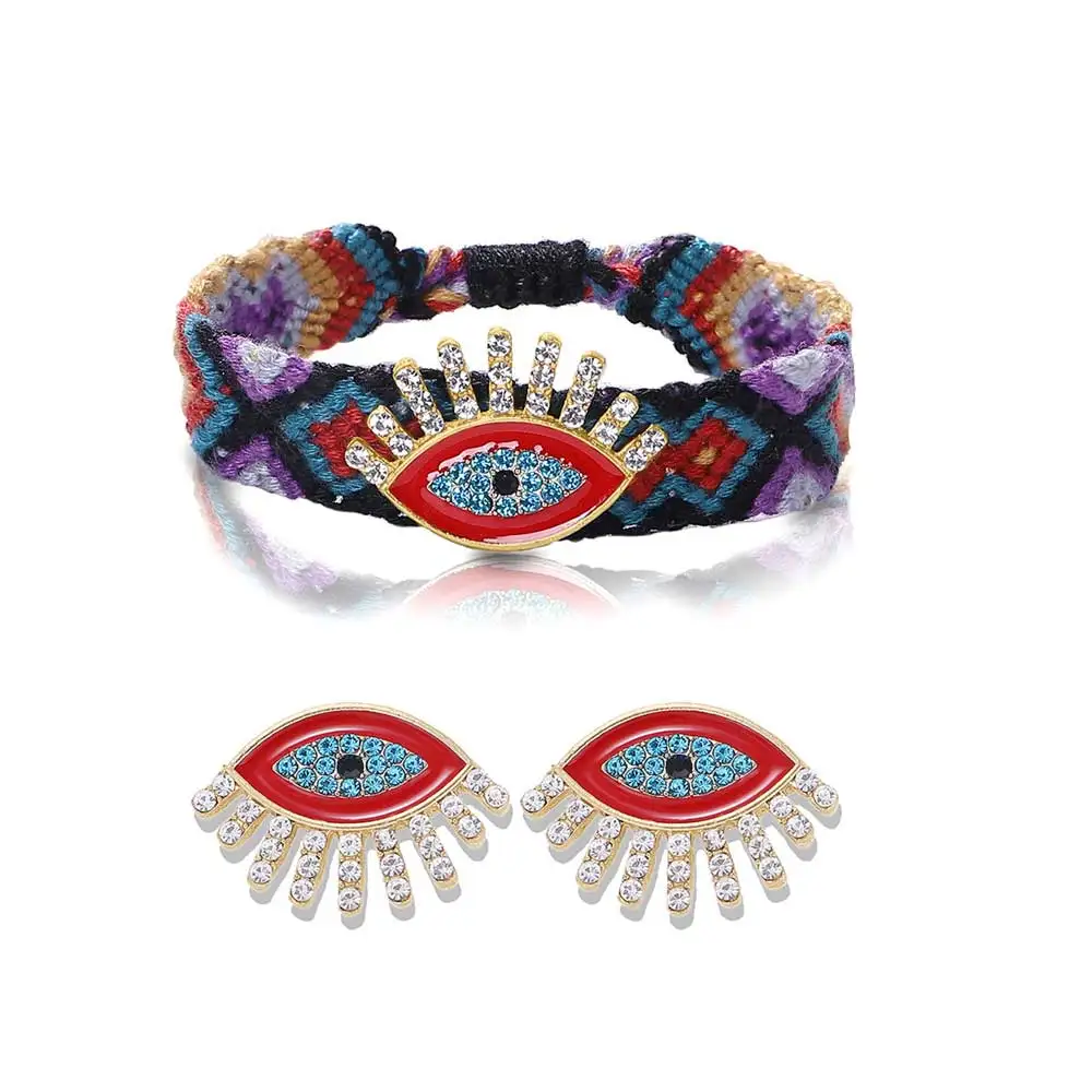 Dvacaman Evil Eye Женские Ювелирные наборы Бохо ручной работы тканая хлопковая веревка цепочка браслет и кристалл серьги-гвоздики оптом подарки - Окраска металла: 11