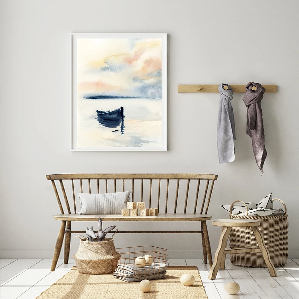 Картина на холсте с парусниками рисунок акварелью лодкой и доком