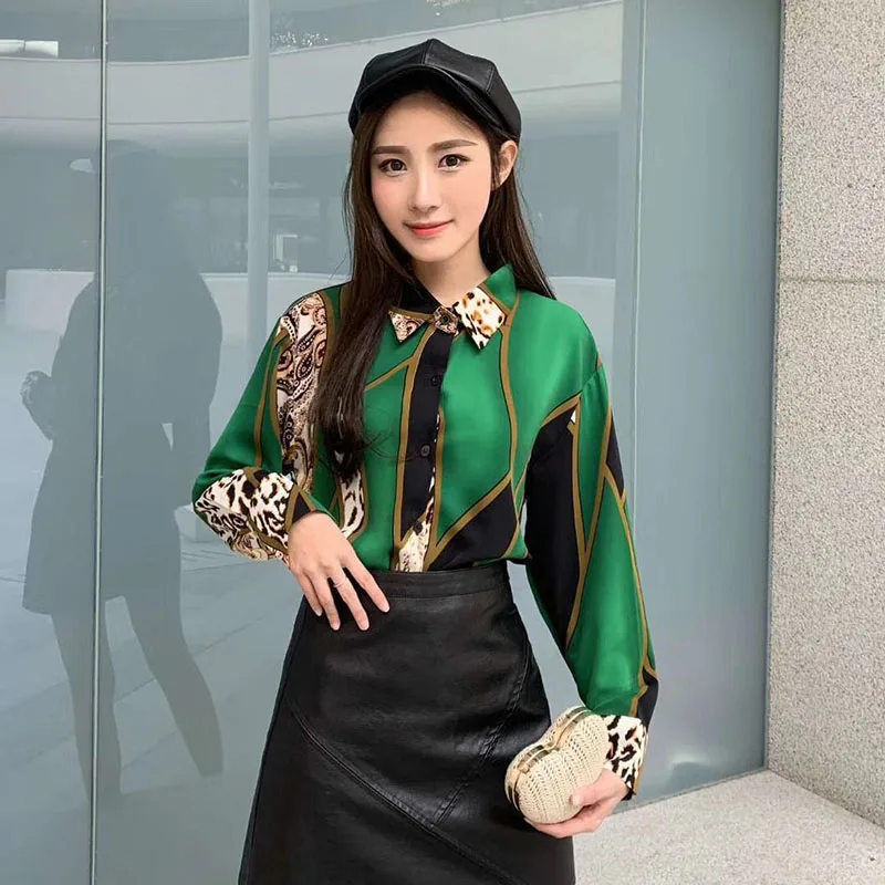 

Spring Autumn Women's Shirt New Korean Retro Loose Contrast Color Leopard Chiffon Blouse Commuter Long Sleeve Tops GD271