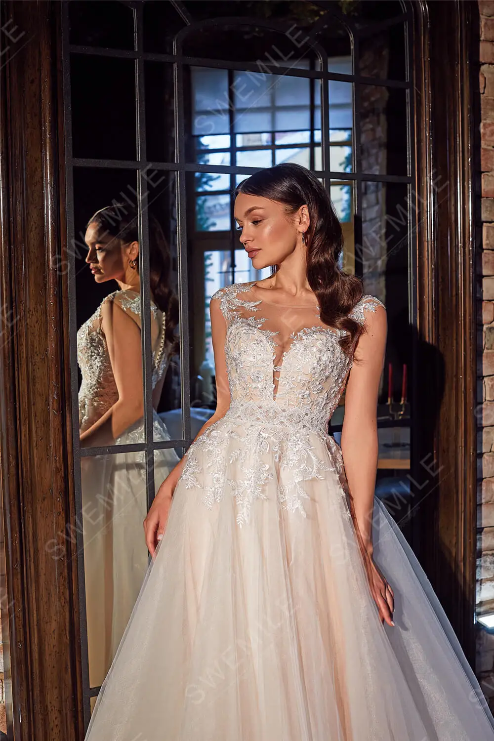 

SWEMILE Vestidos De Noiva Lace White Wedding Dresses Tulle Tank Sleeves Court Train Appliques A Line Bride Gown Vestidos