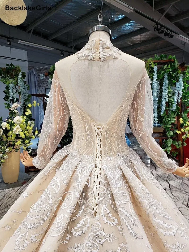 Sheer High Neck Applique Tulle Wedding Dress Sexy 2020 Illusion Backless Long Sleeve Princess Crystal Muslim Boho Gowns | Свадьбы и