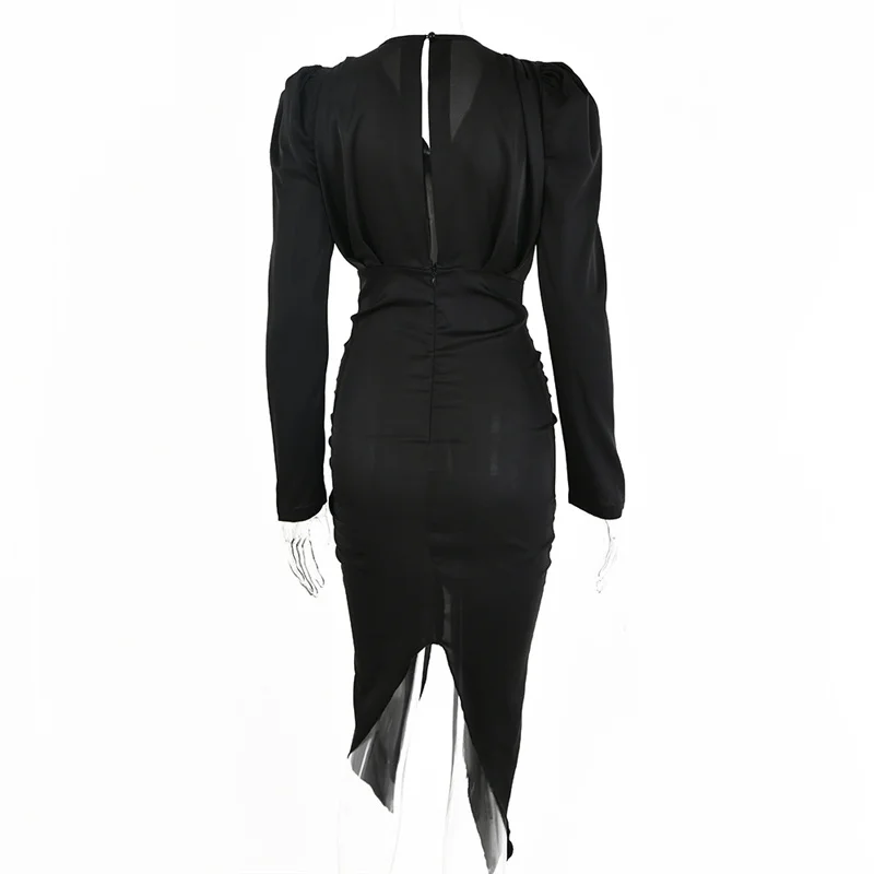 

Women V-neck Pleated Bodycon Maxi Dress Elegant Long Puff Sleeve Asymmetry Split Dresses Femme Solid Hollow Out Vestidos