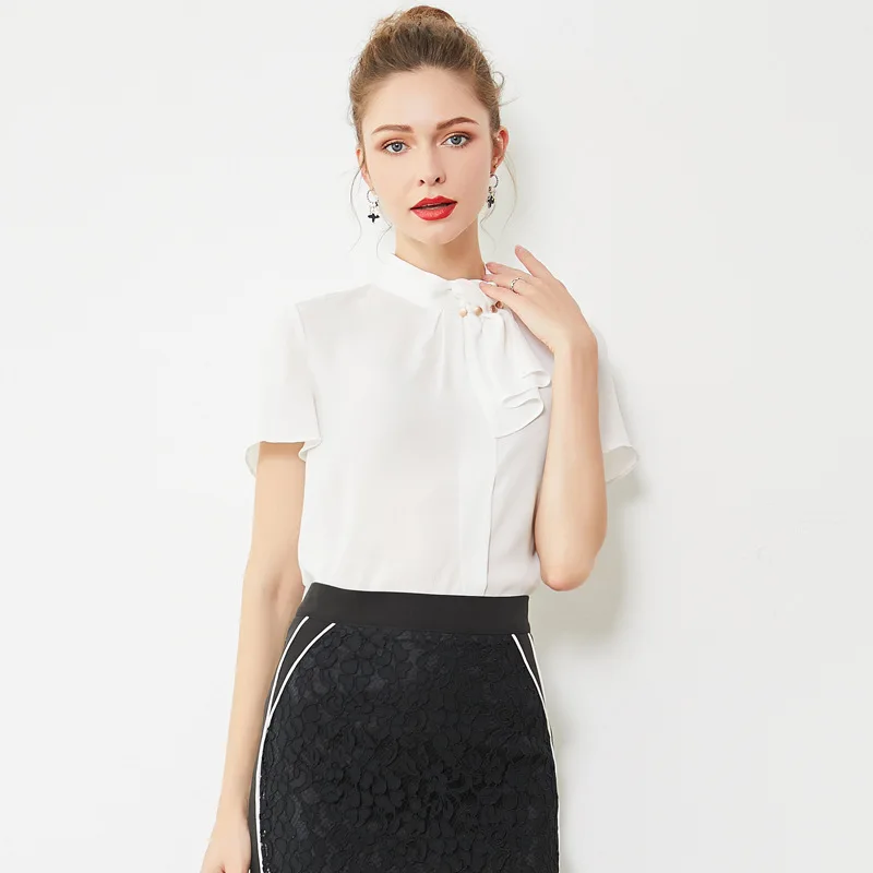 

white chiffon floral silk blouse for women high quality short sleeve plus size casual sexy office dress shirts fashion dropship