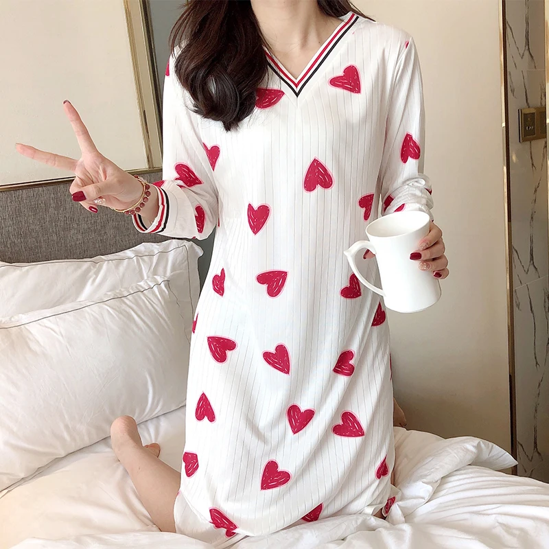 

Nightgowns Women Long Sleeve V-neck Printed Plus Size 2XL Cotton Womens Home Clothing Elegant Soft Korean Style Leisure Simple