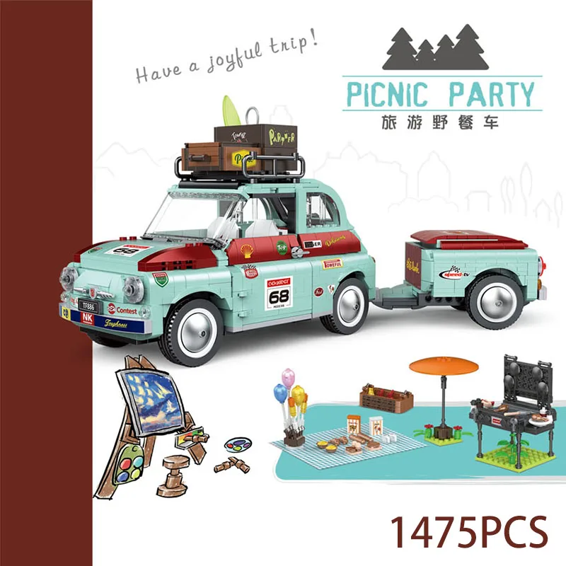 

Moc Creator Ideal Tourist Picnic Car Trailer Tractor Diy Building Block Set Transport Children's Educational Bricks Toys Gifts