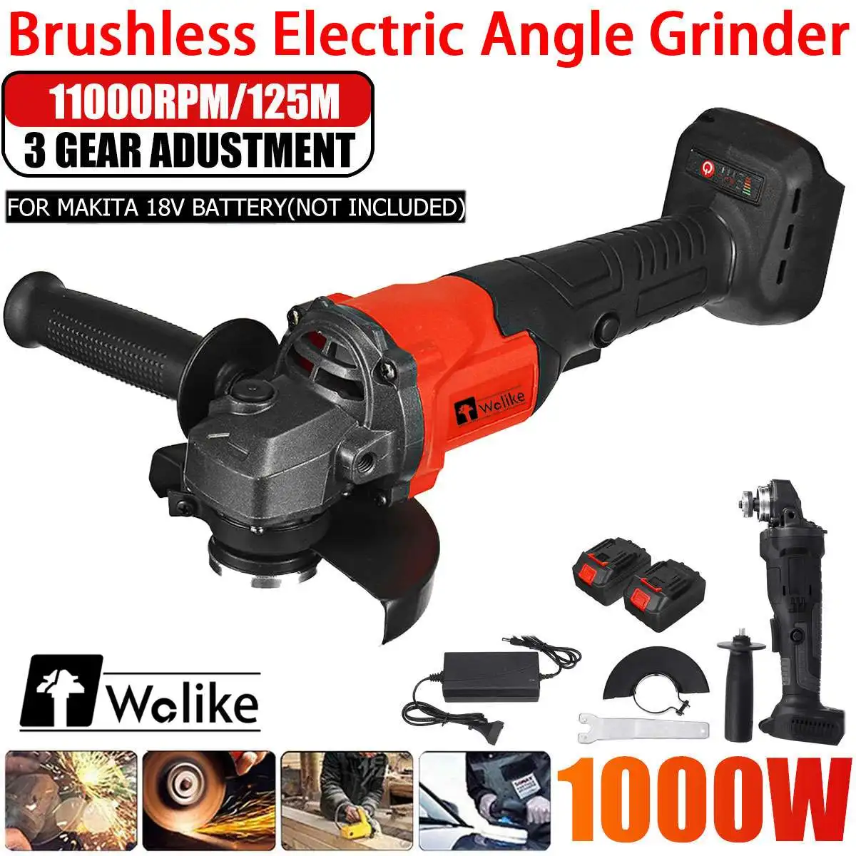 

125mm 3 Speed Brushless Electric Angle Grinder Grinding Machine Cordless with 15000mah Battey Power Tool For Makita 18V Battery
