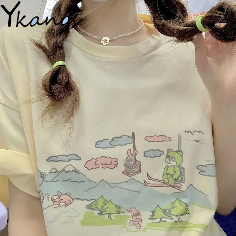 

Kawaii Baggy мультфильм Harajuku Kpop блузки женские Y2k оверсайз Топы с коротким рукавом корейская мода футболка Летняя женская одежда