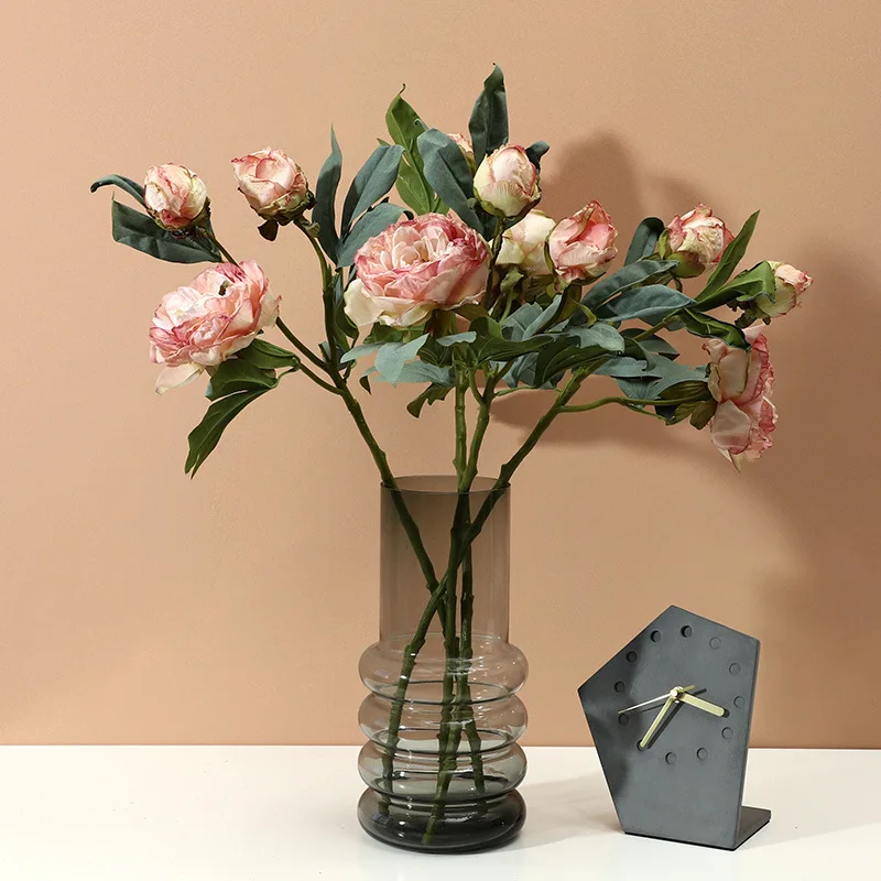 

High-end baked edge imitation peony flowers with 3 heads and 13 layers of peony flower decoration bonsai fake flowers