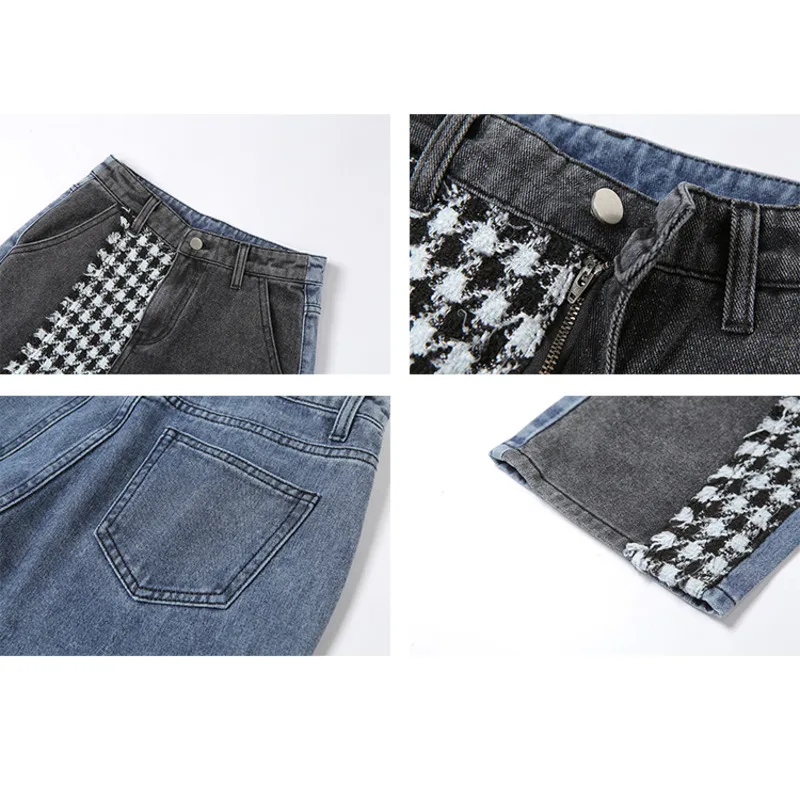 

FIND HEART Fashion Patchwork Plaid Straight Jeans Women High Waist Pocket High Streetwear Long Y2k Denim Pants Hippie Clothes