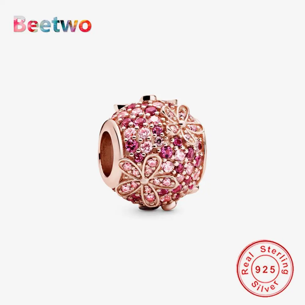 

925 Sterling Silver Pink Pave Daisy Flower Zircon Charm Beads Fit Original Charms Bracelet Bead Women Fashion Jewelry Berloque