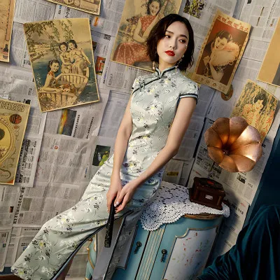 5506-blue qipao 13 цветов плюс размер 4XL китайские платья Чонсам современное длинное женское шелковое платье Ципао в китайском стиле элегантное традиционное платье - Цвет: 5506-blue qipao