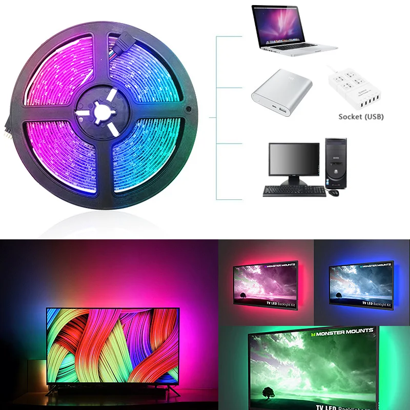 Светодиодная лента USB Гибкая RGB/белая/теплая белая 2835 SMD для телевизора компьютера