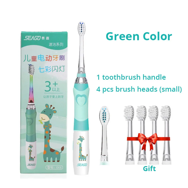 1green6brushhead Детская электрическая зубная щетка с питанием от батареи, умный таймер, светодиодный цветной светильник, зубная щетка с мягкой щетиной, щетка для малышей, зубные зубы, белее - Цвет: 1green6brushhead