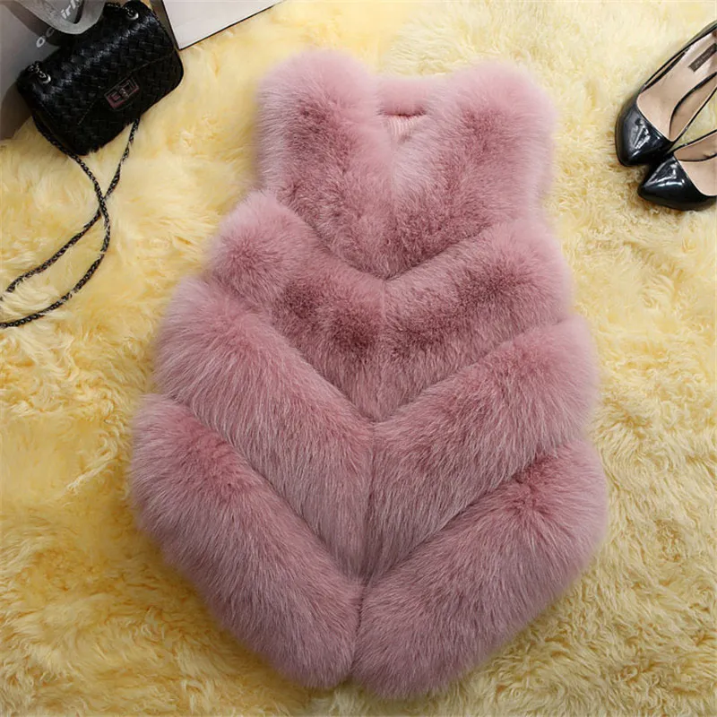 VS2002Pink Большие размеры, пальто из искусственного меха, повседневная меховая куртка без рукавов, пальто, винтажная осенне-зимняя женская меховая жилетка, верхняя одежда, топы - Цвет: VS2002Pink