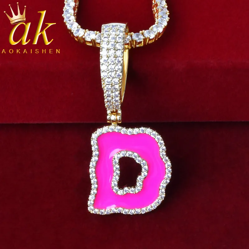 

Initial Solid Back Pink Oil Bubble Letters Pendant Necklaces for Women Gold Color Cubic Zircon Hip Hop Jewelry