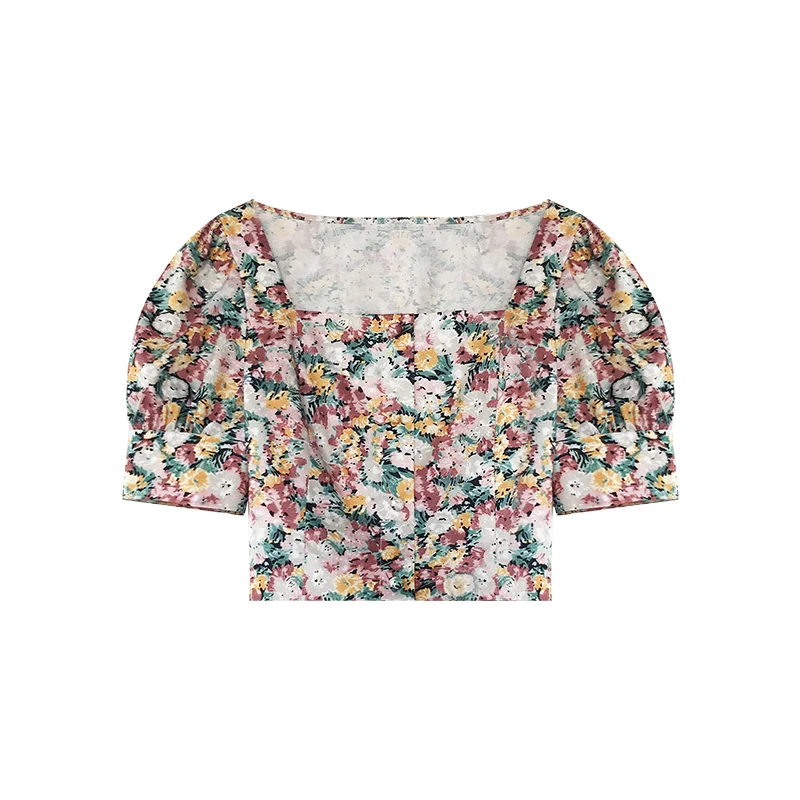 

Summer Vintage Floral T-shirts Korean Fashion Square Collar Puff Sleeve Short Tops Casual Sweet One-piece Bandage Women's Tops
