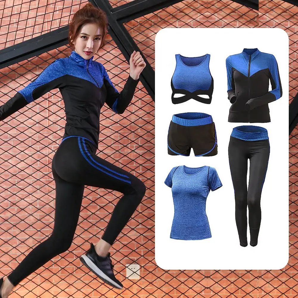 

Спортивный комплект для женщин, Быстросохнущий комплект для йоги из 5 предметов, женские длинные брюки с коротким рукавом, уличный спортивн...