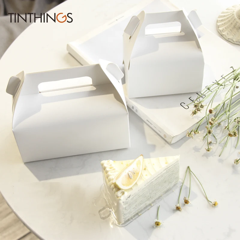 10pcs Kraft Paper Box With Handle Cookie Muffin Cupcake Baking Cake Boxes Gift Packaging Wedding Birthday Craft White