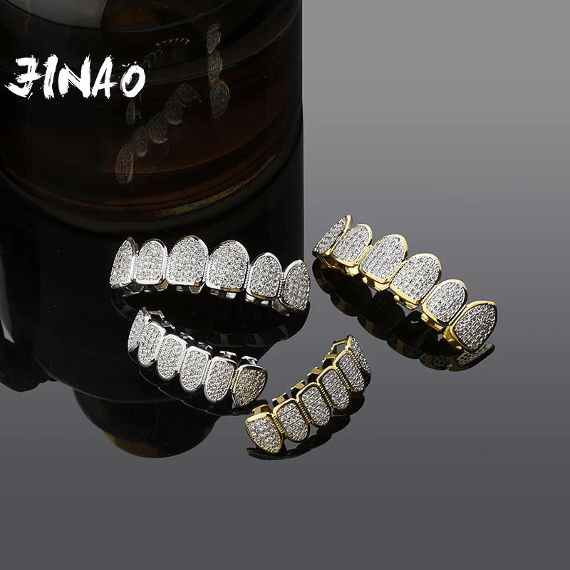 Позолоченный серебряный гриль для зубов JINAO в стиле хип-хоп, полностью покрытый фианитом камень, микрозакрепка для мужчин и женщин, набор ве...