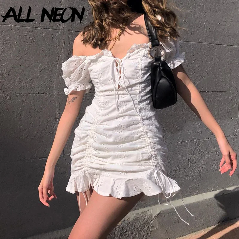

ALLNeon Y2K Cute Fashion Off Shoulder Drawstring Ruffles Trim White Dress 2000s Aesthetics Puff Sleeve Ruched Lace Up Mini Dress