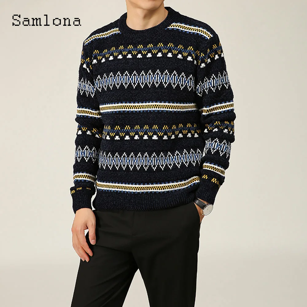 Samlona Plus Size Men Fashion Sweater Mens Knitwear 2021 Vintage Print Top Casual Knitted Pullovers Sexy Male Sweater Homme 4XL