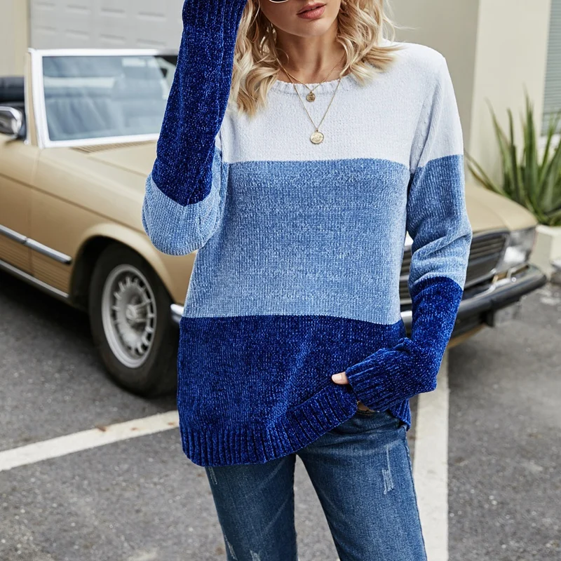 

Womens Color Block Oversized Crewneck Sweaters Striped Long Sleeve Loose ​Knitted Pullover Jumper Tops