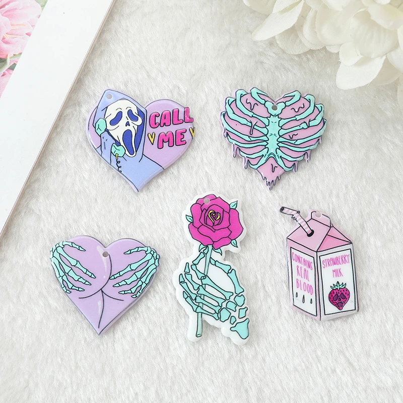 

10Pcs Pastel Goth Charms Skull Rose Buttock Creepy Acrylic Jewlery Findings For Earring Necklace Diy Making